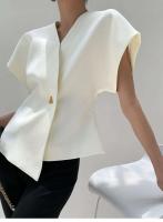Chaleco Asimétrico para Mujer TRE Estilo Francés, Mangas Caídas, Botones de Cintura, Top sin Mangas Blanco - details 9