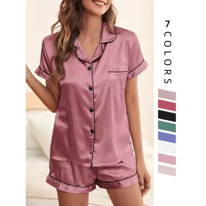Suéter de manga corta imitación de pijama de seda real, suéter clásico de satén ropa para el hogar - 1