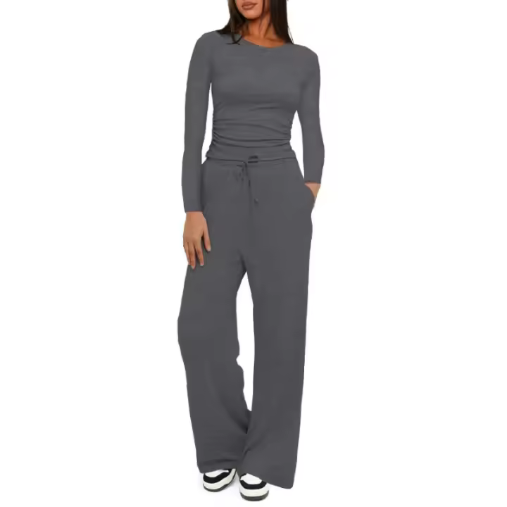 Conjunto de ropa deportiva informal de manga larga, top de cintura alta, pantalones de pierna ancha, color sólido, nuevo - 1