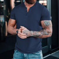 Camiseta de manga corta Henley para hombre, ropa informal de algodón, M-6XL, azul marino, gris claro, paquete de 2 - details 6