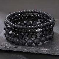 Juego de 4 Uds. De pulseras de cuentas de madera de piedra volcánica de piedra negra, pulsera elástica combinada para hombre, joyería para parejas y amigos - details 0