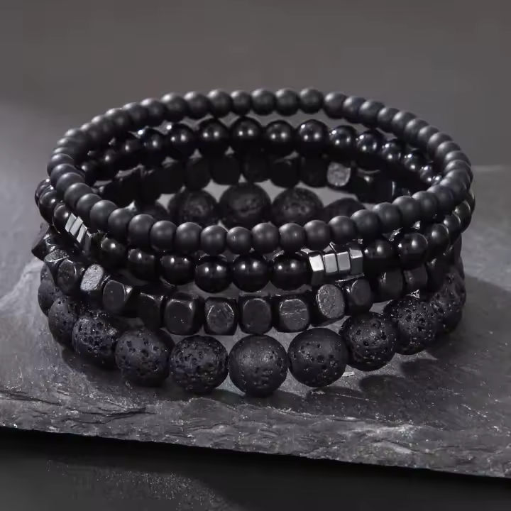 Juego de 4 Uds. De pulseras de cuentas de madera de piedra volcánica de piedra negra, pulsera elástica combinada para hombre, joyería para parejas y amigos - 1