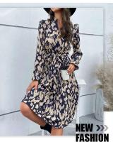 Elegante Vestido de Manga Larga con Estampado de Leopardo Cuello en V, Cintura Ajustada con Lazo, Falda Plisada 100% Poliéster - details 2