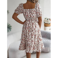 Primavera Verano 2025 Europeo y Americano Floral Cuello Cuadrado Manga Corta Cintura con Volantes Falda Línea A - details 2