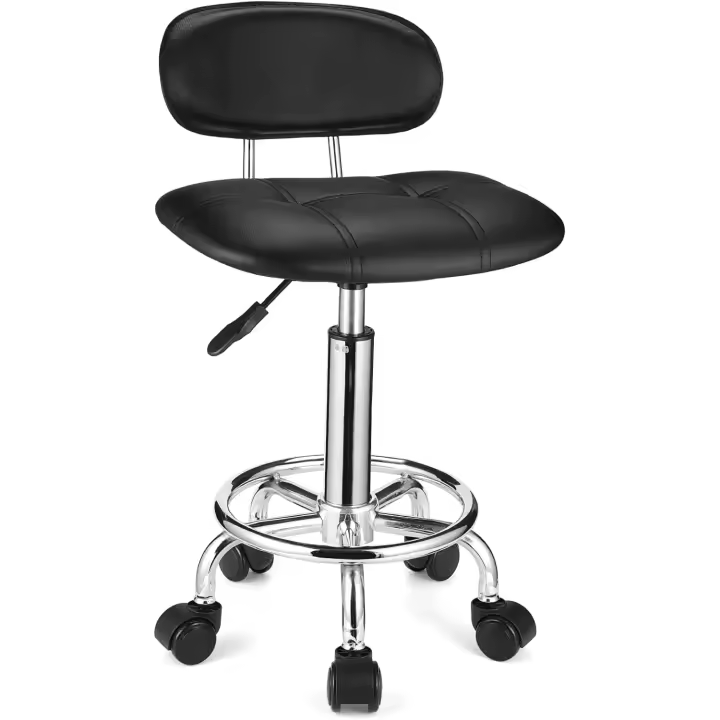 Taburete Giratorio Cuadrado con Respaldo de Altura Ajustable con Ruedas, Color Negro - 1