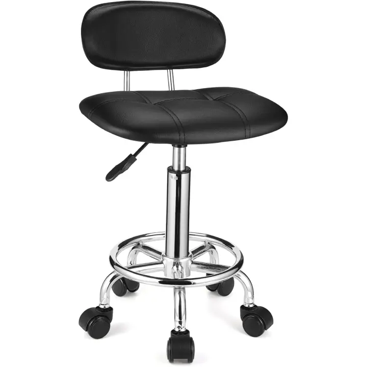 Taburete Giratorio Cuadrado con Respaldo de Altura Ajustable con Ruedas, Color Negro - 1