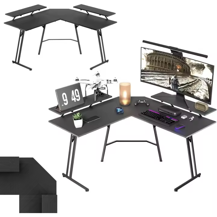 Escritorio para gaming en forma de L, superficie de fibra de carbono, ergonómica, grande, para ordenador, 120x120 cm - 1