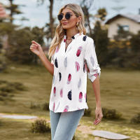 Camisa con estampado de plumas de tres cuartos y manga e para mujer, cuello en V, otoño, nueva - details 30