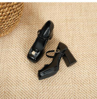 Zapatos de punta cuadrada con tacón grueso y tacón alto plano con hebilla de flor pequeña - details 26