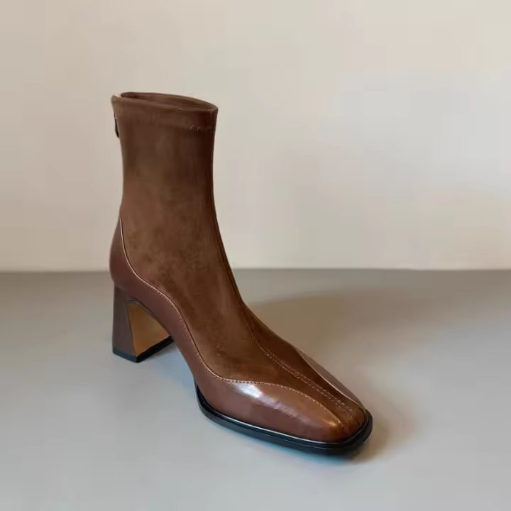 Botas de tacón alto francesas de cuero Botas ajustadas elásticas de tacón cuadrado - 1