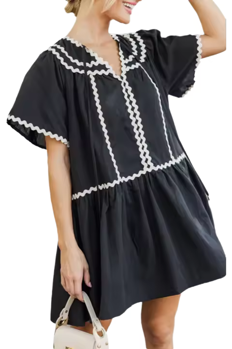 Elrachen Mini vestido suelto de manga corta con cuello en V y ribete de ricrac en contraste, negro, tallas S-XL - 1