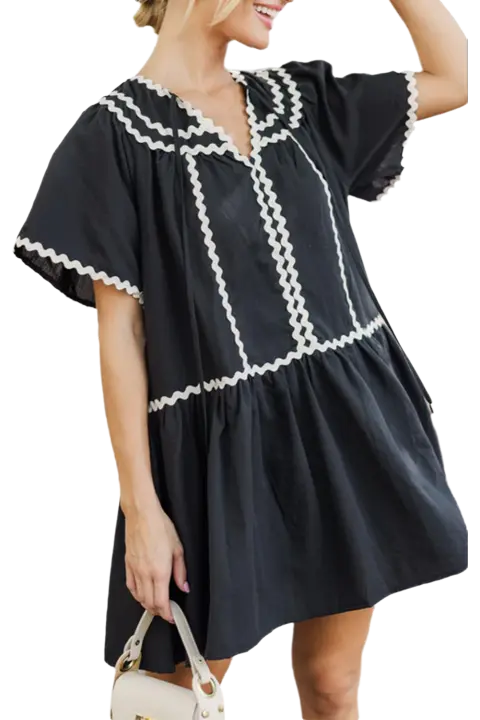 Elrachen Mini vestido suelto de manga corta con cuello en V y ribete de ricrac en contraste, negro, tallas S-XL - 1