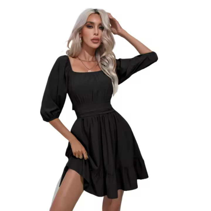 Ropa de mujer, elegante y a la moda, cuello cuadrado con volantes, vestido de moda con borde, Falda corta de encaje, nuevo verano - 1