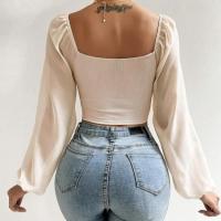 Camiseta Sexy de malla con mangas acampanadas y cordón para mujer, camiseta con ombligo descubierto en el pecho, parte inferior de manga larga - details 2