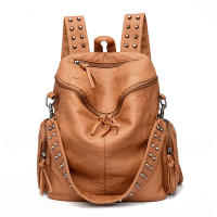 Mochila de piel sintética con decoración de remaches, bolso de hombro multifuncional con cremallera para viajes y compras - details 8