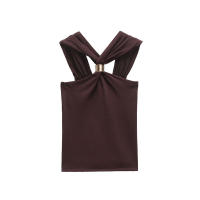 Camiseta Sin Mangas de Punto para Mujer OUWU Top Corto Ajustado Elástico con Detalle de Metal Sin Mangas y Espalda Descubierta - details 1