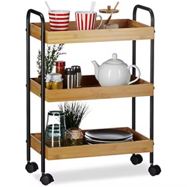 Carrito Cocina con 3 Niveles y Ruedas Giratorias, Bambú y Acero, Marrón y Negro - 1