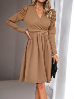 Vestido elegante con cuello en V y manga G para mujer, ropa de color sólido, moda para otoño e invierno - details 4