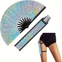 Abanico plegable grande con purpurina y funda, diseño vibrante en azul, verde y amarillo para raves, Halloween, festivales y fiestas, accesorio de fiesta unisex para actuaciones de EDM, burlesco y drag queen, accesorio para eventos EDM |   Diseño de venti - details 0