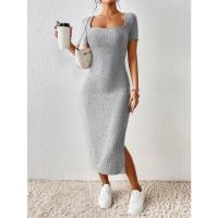 Vestido midi de punto con cuello cuadrado, sin mangas, con abertura y mangas cortas, versátil para todas las estaciones, vestido de mujer. - details 3