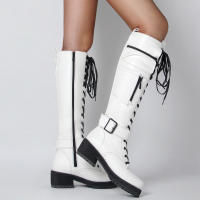 Botas de cuero con cremallera lateral para mujer, botines de tacón bajo a la moda, parte inferior gruesa con cordones, novedad de invierno de 2025 - details 27