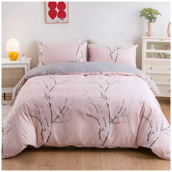 Juego de funda nórdica con estampado de flor de ciruelo, cierre de cremallera y lazos de esquina - 1