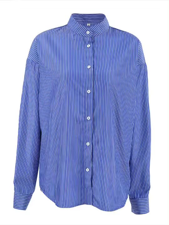 Blusa a rayas con botones azules, camisa holgada de estilo coreano, Tops nuevos para mujer 2024 - 1
