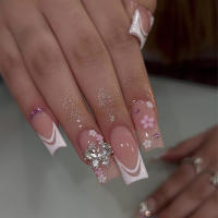 Blanco francés borde lazo taladro estilo uñas hojas flor manicura - details 1