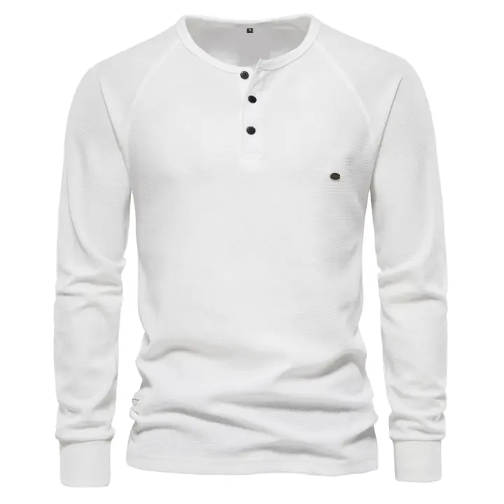 Camiseta AIOPESON Waffle Henley para hombre, camisetas básicas transpirables de manga larga para hombre, camisetas nuevas de otoño de Color sólido para hombre - 1