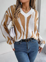 Jersey con cuello en V para mujer, suéter de manga larga con patrón geométrico de contraste, hilo de rosca, Tops informales de punto, otoño e invierno, 2023 - details 11