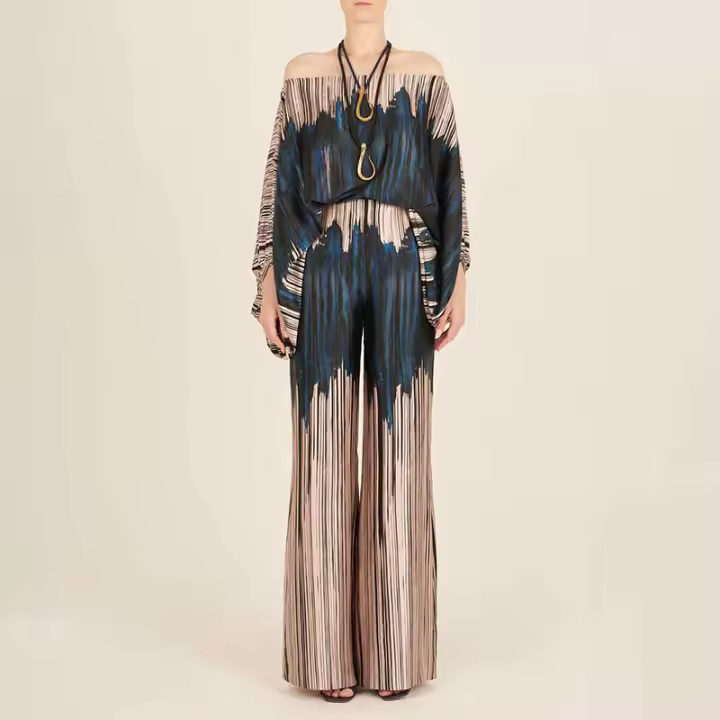 2025 Nuevo top suelto con mangas de murciélago, conjunto de moda con pantalones de pierna ancha, conjunto de dos piezas para mujer - 1