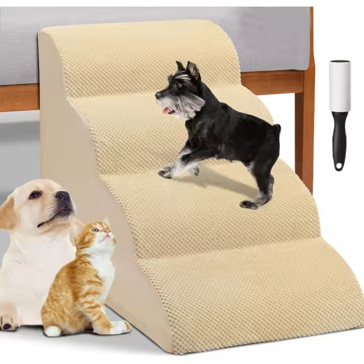 BAKAJI Escalera para mascotas con 4 peldaños y rodillos, revestimiento extraíble de tejido acanalado, rampa para gatos y perros mayores, escalera acolchada de espuma de alta densidad (beige) - 1