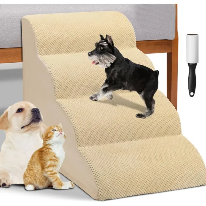 BAKAJI Escalera para mascotas con 4 peldaños y rodillos, revestimiento extraíble de tejido acanalado, rampa para gatos y perros mayores, escalera acolchada de espuma de alta densidad (beige) - 1
