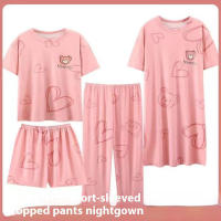 Conjunto De Pijamas De Verano Para Mujer Talla Grande Estampado De Oso Y Corazón Casual Manga Corta Pantalones Anchos Ropa De Dormir Transpirable De Poliéster - details 1