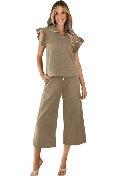 Elrachen Conjunto de pantalones de pierna ancha y top con mangas acampanadas texturizadas para mujer, caqui pálido, tallas S-XL - 1
