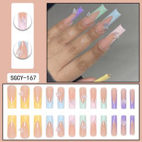 Uñas Postizas Brillantes Con Patrones Franceses Y Mariposas Flores Diamantes Combo De 24 Uñas Largas Coffin Fake Nails - details 0