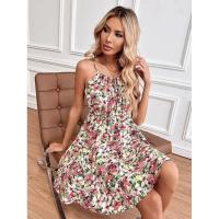 Vestido corto de verano nuevo elegante sin mangas con estampado y correa elástica en la cintura para mujer. - details 18