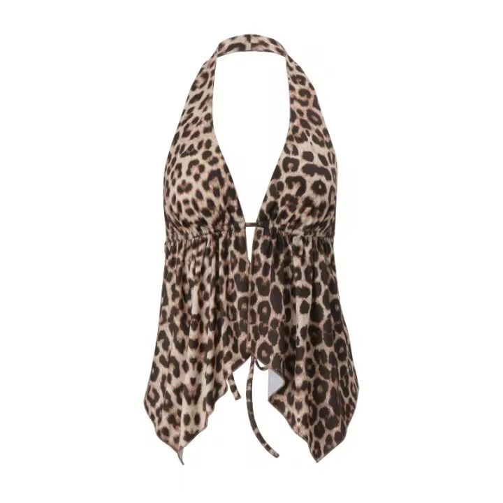 BUNO-Top de leopardo y2k para mujer, chaleco con estampado de leopardo, camiseta sin mangas con espalda descubierta y cuello Halter, ropa de calle de los años 2000 - 1