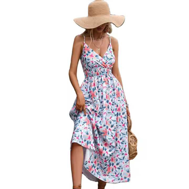 Vestido casual de mujer, estampado de tirantes, V-, cintura delgada - 1