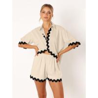 Conjunto de dos piezas de camisa de manga corta con botones y pantalones cortos holgados casuales de moda para mujer, primavera verano. - details 8