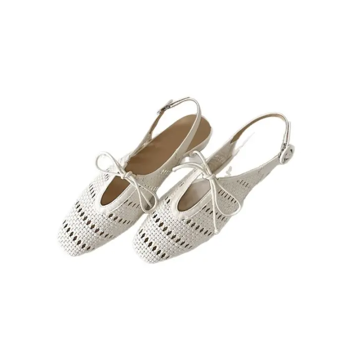 Sandalias de punta hueca con trenza francesa, hebilla y lazo, tacón grueso, estilo romano para mujer - 1