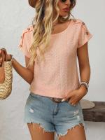 Camiseta de manga corta con botones y cuello redondo para mujer, Top hueco, Color sólido, novedad de primavera y verano 2025 - details 0