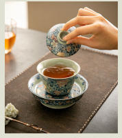 Ru kiln juego de kung fu de cerámica cubierto de tres piezas de peonía dorada de filigrana azul y blanca, juego de tazas de té de cuenco grande para el hogar - details 6