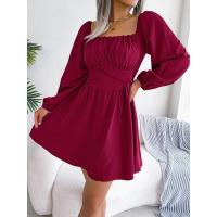 Vestido de verano 2025 para mujer con cuello cuadrado, volantes, cintura ajustada y color sólido. - details 7