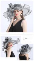 Sombreros Fedora de ala grande para mujer, sombreros de Organza blancos para el sol, flor para mujer, fiesta de boda, sombreros de Iglesia anchos - details 8