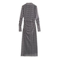 n Estampado de otoño de colores de tul plisado simple para mujer, vestido de malla informal de manga larga con - details 5