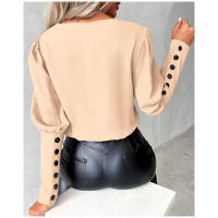 Blusa blanca de manga larga con cuello en V para mujer, Jersey informal y elegante para oficina, rosas, 2024 - details 6