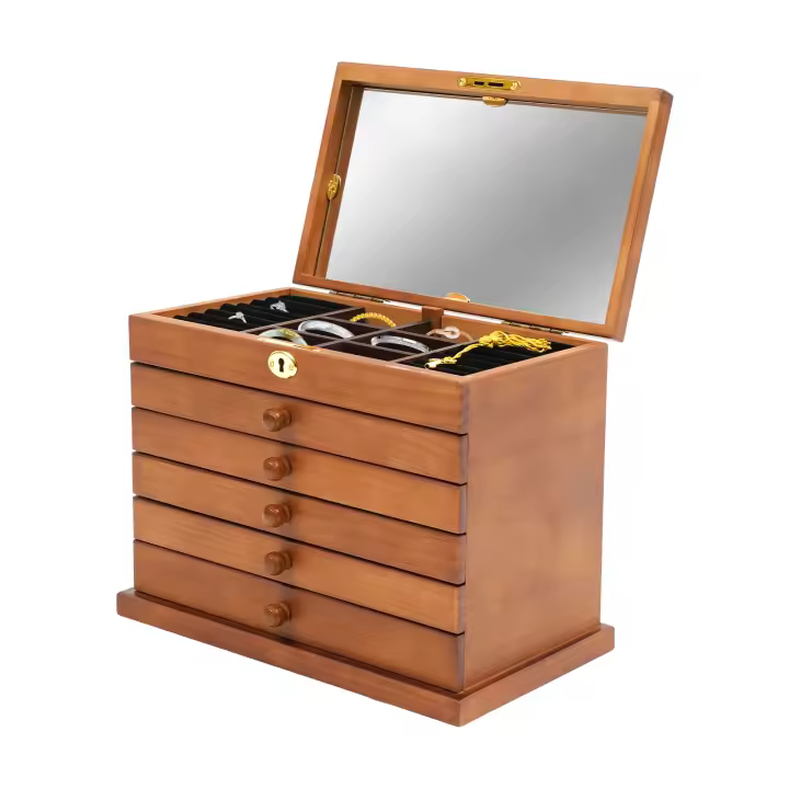 Organizador funcional de joyero de 6 niveles con 5 cajones y espejo, estuche de almacenamiento de joyería de madera, adecuado para mujeres, niñas, organizador de anillos, collares, aretes y pulseras (6 niveles) - 1