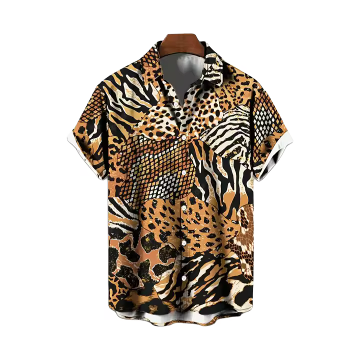 Camisa hawaiana de manga corta con estampado de leopardo para hombre, informal, de verano, con solapa, para exteriores, de moda, talla grande. - 1