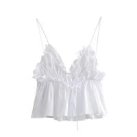 TRAFZA-Top de popelina sin mangas con lazo para mujer, Top elegante con pliegues sólidos, camisetas sin mangas con cuello en V, ropa de calle - details 5
